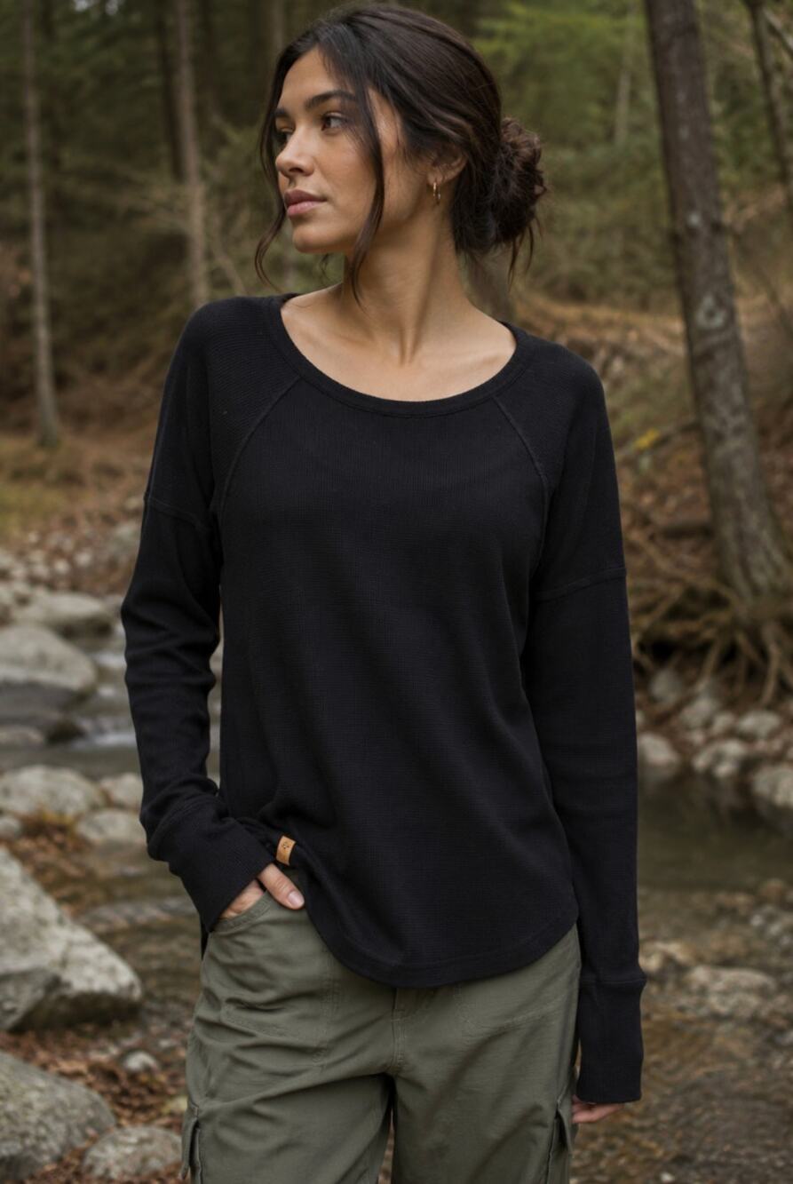 tentree Organic Cotton Waffle Knit Thermal Top Women’s Small Black Gorpcore